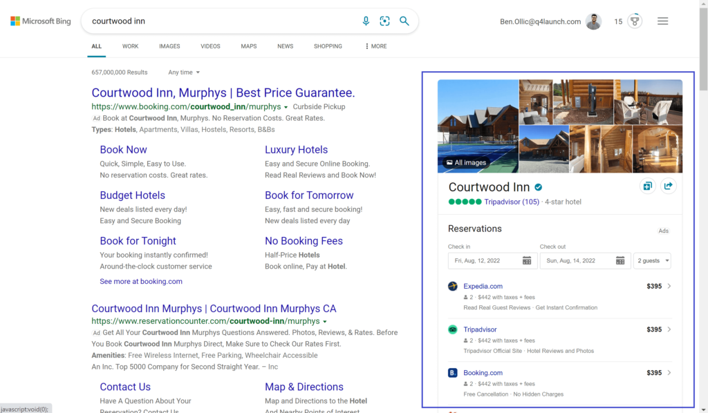 screenshot of courtwood inn bing listing